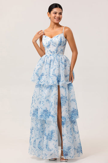 White Blue Flower A Line Printed Tiered Long Bridesmaid Dress with Slit